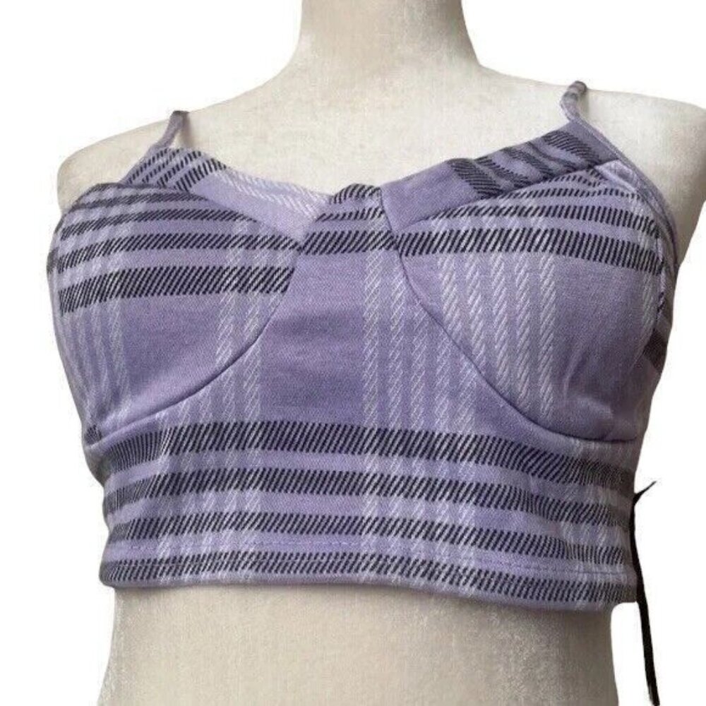 J for Justify Women Crop Top Bustiere Large L Purple Black Plaid Stretch Straps